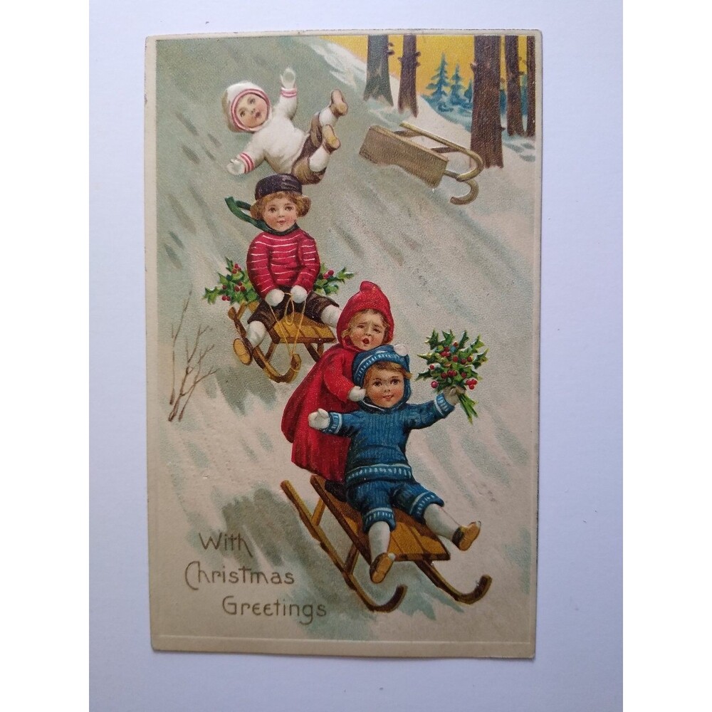 Vintage Christmas Postcard Children Sledding Snow Hill Holly 1912 Posted